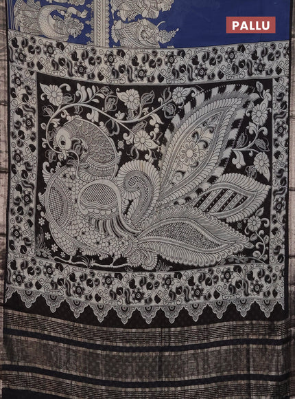 Muslin silk saree blue shade and black with allover kalamkari prints and zari woven border