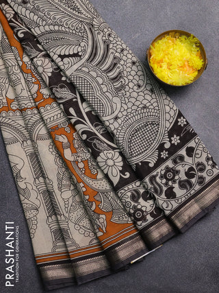 Muslin silk saree dark mustard and black with allover kalamkari prints and zari woven border