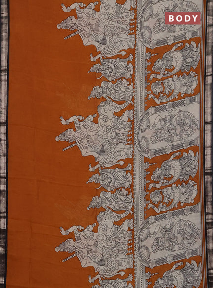 Muslin silk saree dark mustard and black with allover kalamkari prints and zari woven border