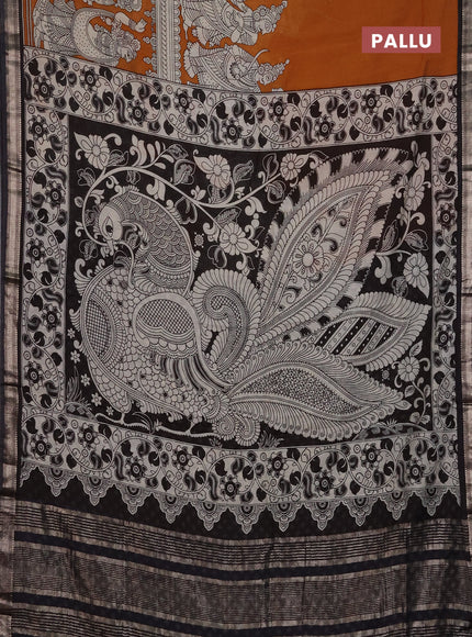 Muslin silk saree dark mustard and black with allover kalamkari prints and zari woven border