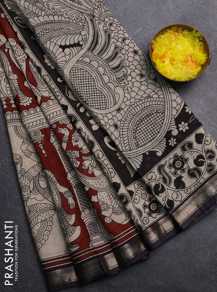 Muslin silk saree rustic maroon and black with allover kalamkari prints and zari woven border