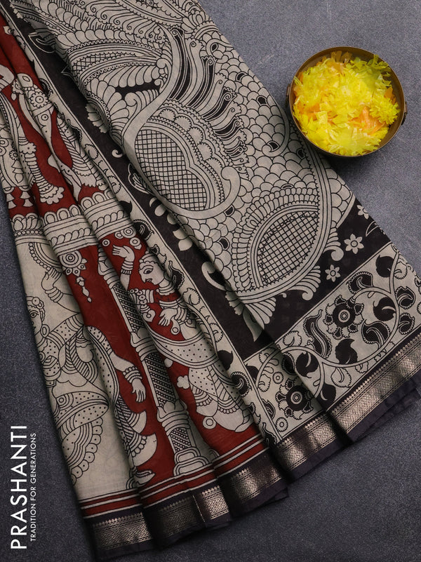 Muslin silk saree rustic maroon and black with allover kalamkari prints and zari woven border