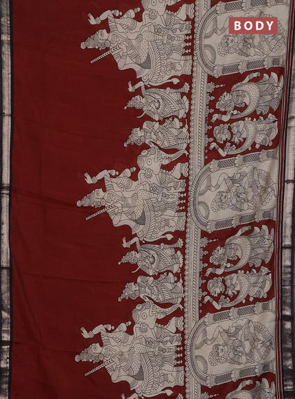 Muslin silk saree rustic maroon and black with allover kalamkari prints and zari woven border