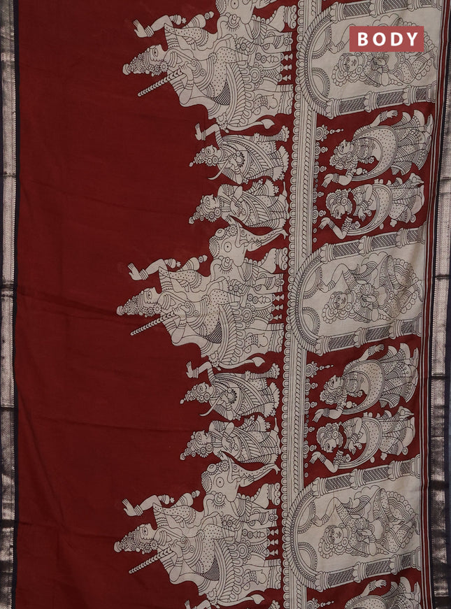Muslin silk saree rustic maroon and black with allover kalamkari prints and zari woven border