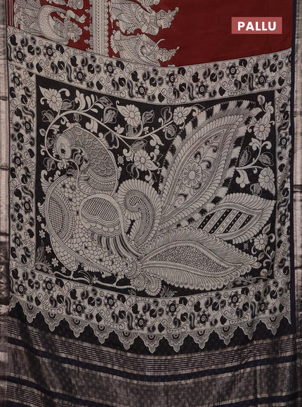 Muslin silk saree rustic maroon and black with allover kalamkari prints and zari woven border