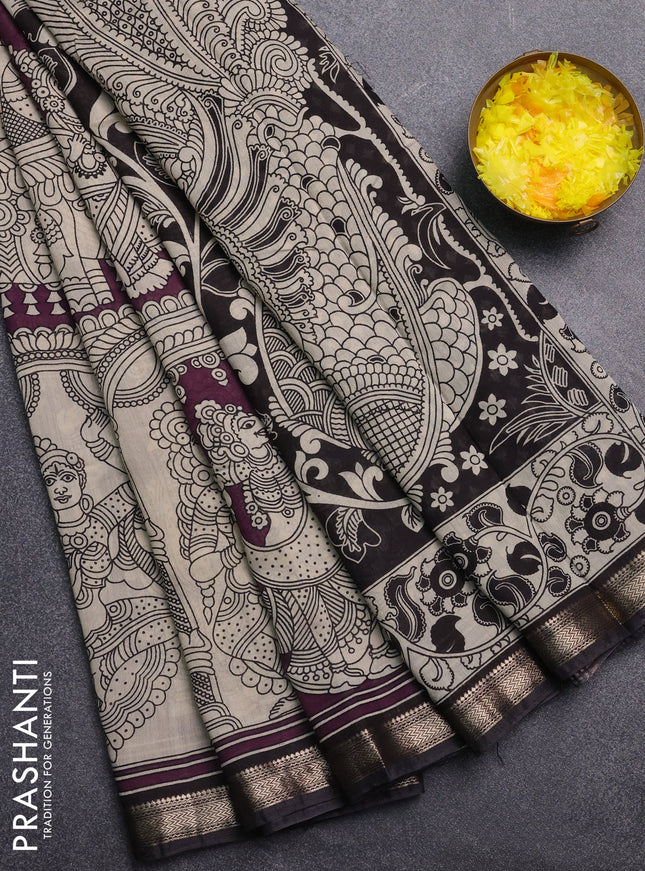 Muslin silk saree wine shade and black with allover kalamkari prints and zari woven border