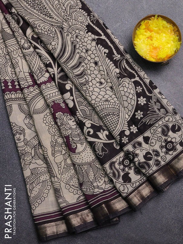 Muslin silk saree wine shade and black with allover kalamkari prints and zari woven border