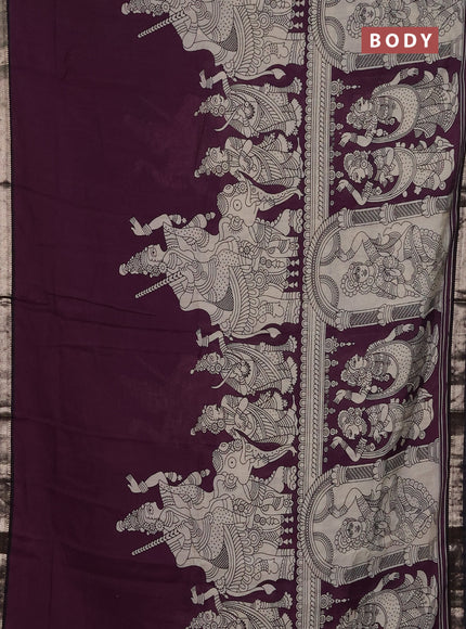 Muslin silk saree wine shade and black with allover kalamkari prints and zari woven border