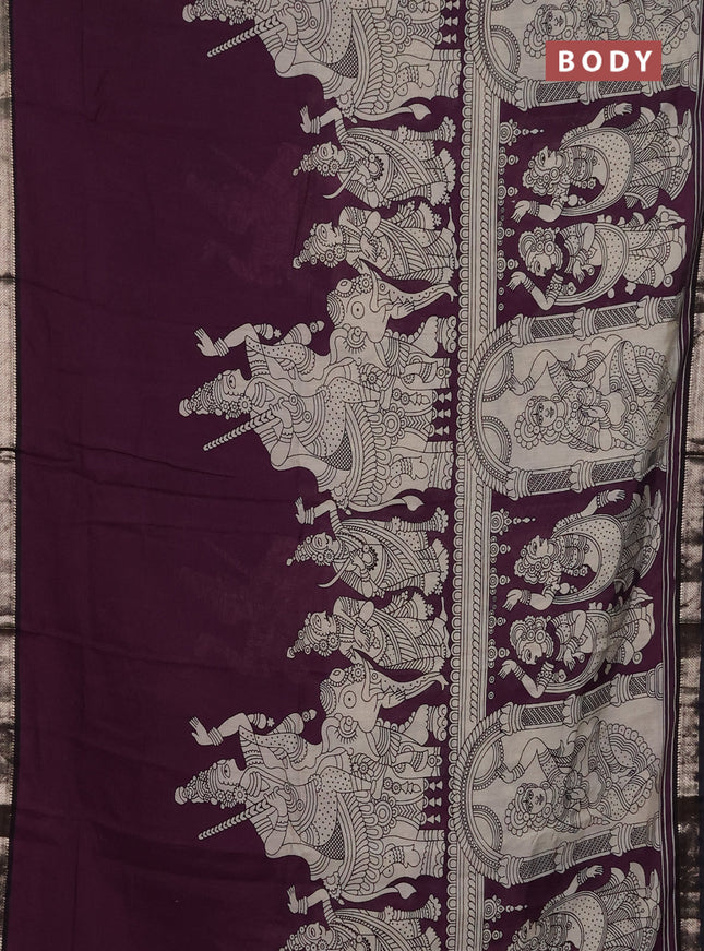 Muslin silk saree wine shade and black with allover kalamkari prints and zari woven border