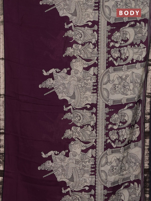 Muslin silk saree wine shade and black with allover kalamkari prints and zari woven border
