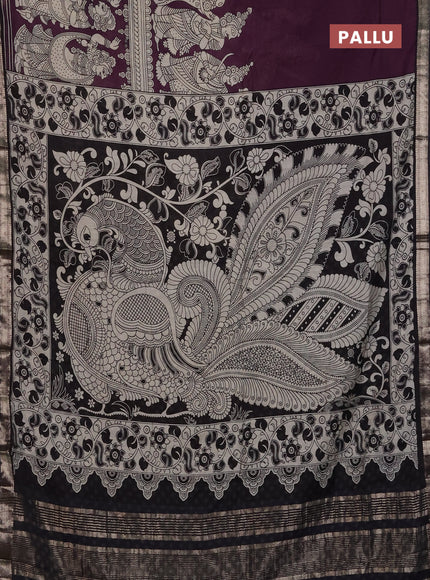 Muslin silk saree wine shade and black with allover kalamkari prints and zari woven border