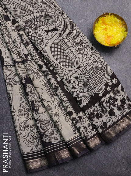 Muslin silk saree black with allover kalamkari prints and zari woven border