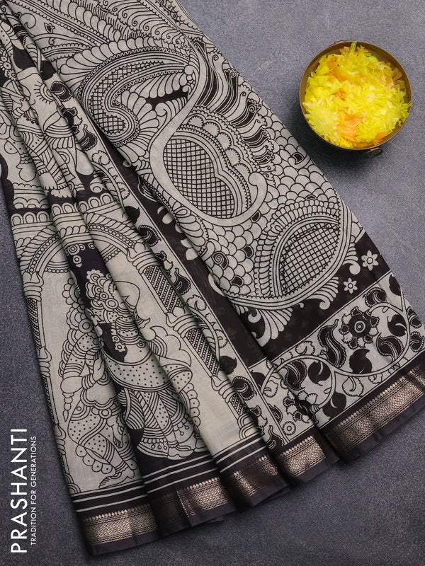 Muslin silk saree black with allover kalamkari prints and zari woven border