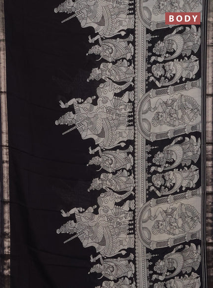 Muslin silk saree black with allover kalamkari prints and zari woven border