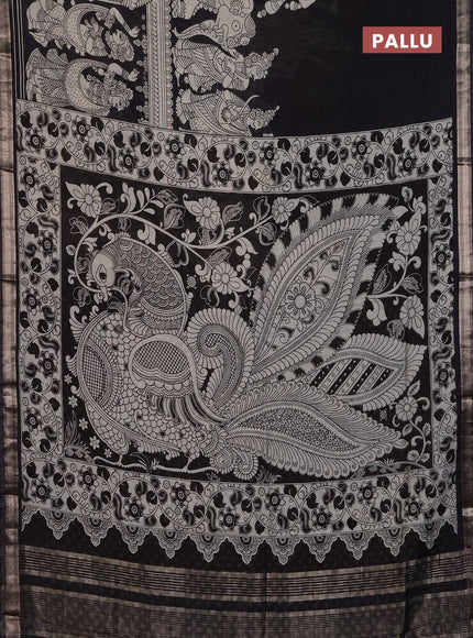 Muslin silk saree black with allover kalamkari prints and zari woven border