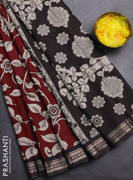 Muslin silk saree wine shade and black with allover kalamkari prints and zari woven border