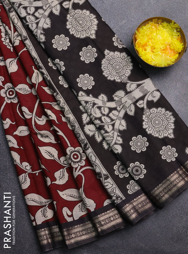 Muslin silk saree wine shade and black with allover kalamkari prints and zari woven border