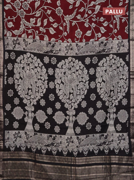 Muslin silk saree wine shade and black with allover kalamkari prints and zari woven border