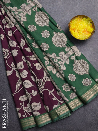 Muslin silk saree deep violet and green with allover kalamkari prints and zari woven border