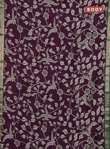 Muslin silk saree deep violet and green with allover kalamkari prints and zari woven border