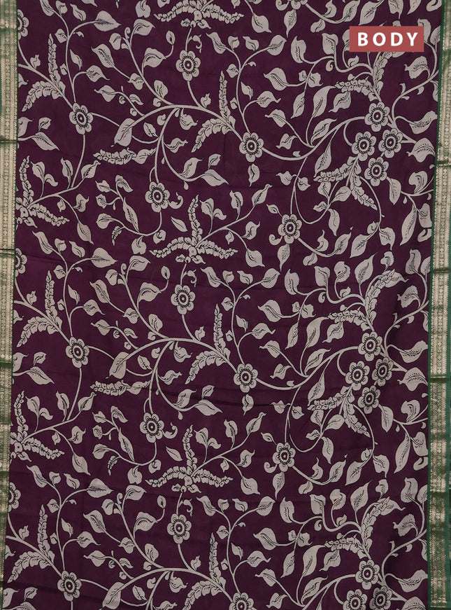 Muslin silk saree deep violet and green with allover kalamkari prints and zari woven border