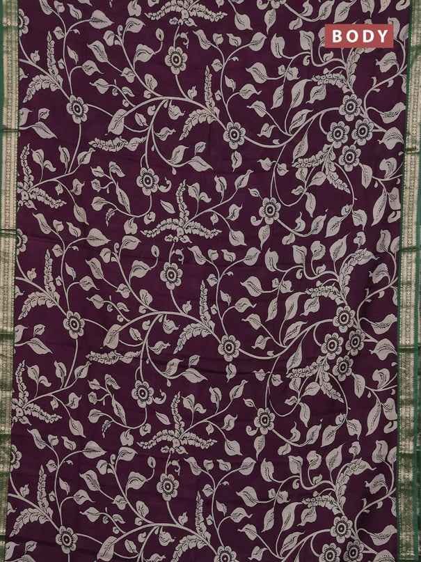 Muslin silk saree deep violet and green with allover kalamkari prints and zari woven border
