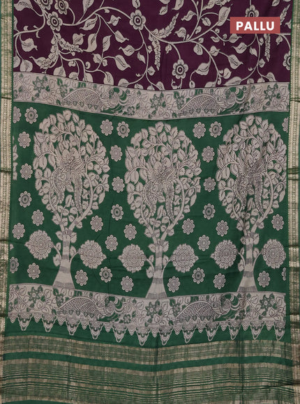 Muslin silk saree deep violet and green with allover kalamkari prints and zari woven border