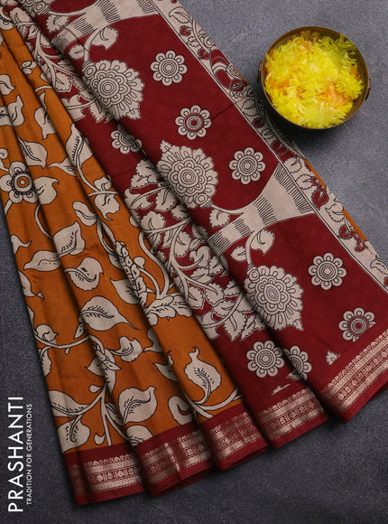 Muslin silk saree dark mustard and maroon with allover kalamkari prints and zari woven border