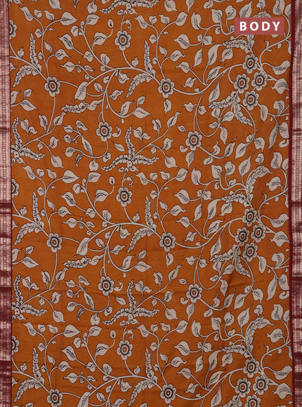 Muslin silk saree dark mustard and maroon with allover kalamkari prints and zari woven border
