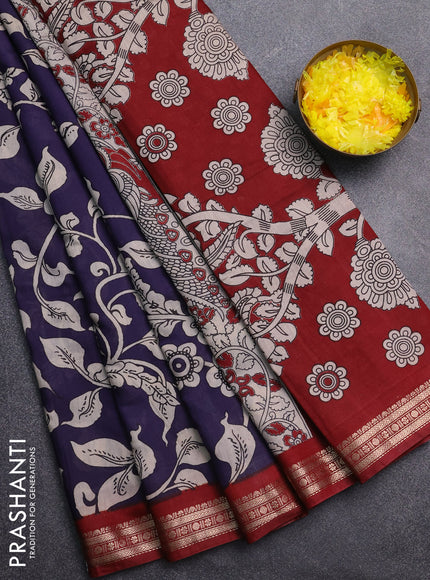Muslin silk saree dark blue and maroon with allover kalamkari prints and zari woven border
