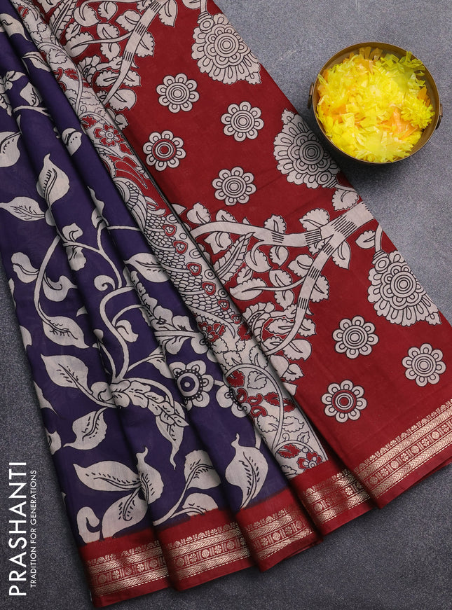 Muslin silk saree dark blue and maroon with allover kalamkari prints and zari woven border