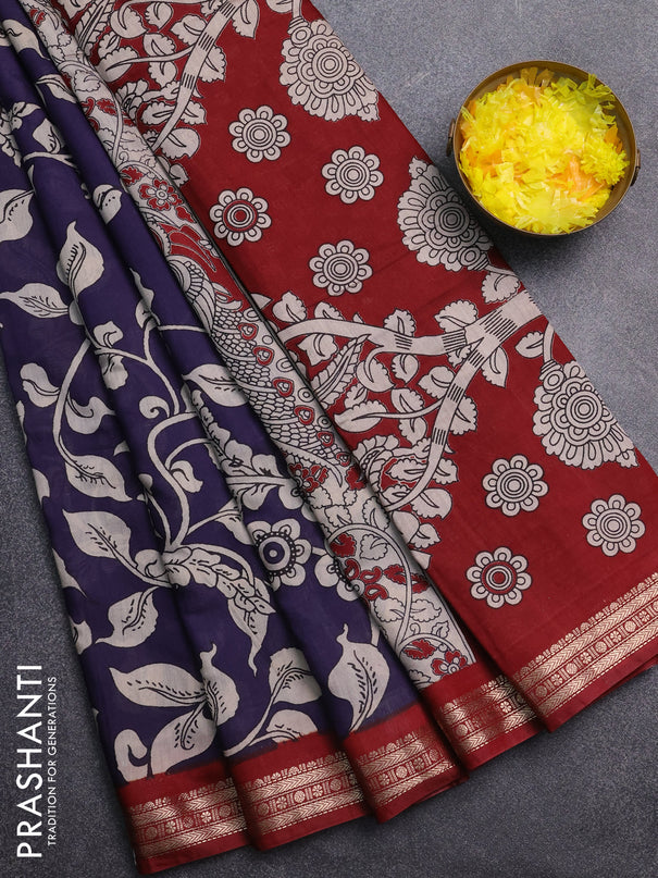Muslin silk saree dark blue and maroon with allover kalamkari prints and zari woven border