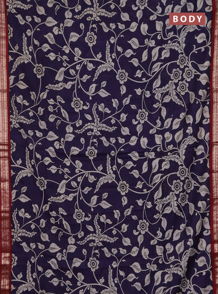 Muslin silk saree dark blue and maroon with allover kalamkari prints and zari woven border