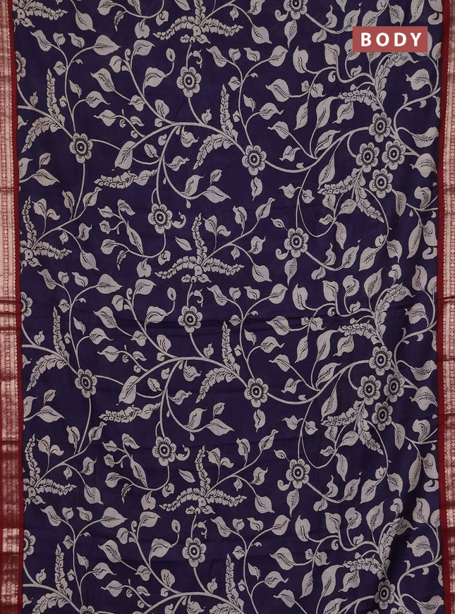 Muslin silk saree dark blue and maroon with allover kalamkari prints and zari woven border