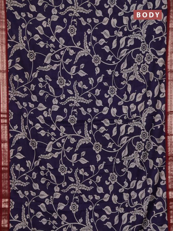 Muslin silk saree dark blue and maroon with allover kalamkari prints and zari woven border