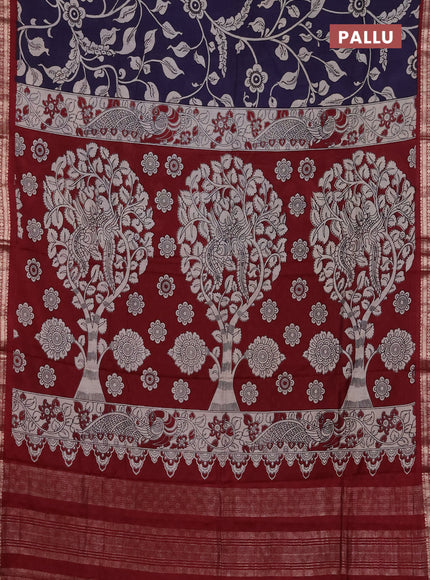 Muslin silk saree dark blue and maroon with allover kalamkari prints and zari woven border