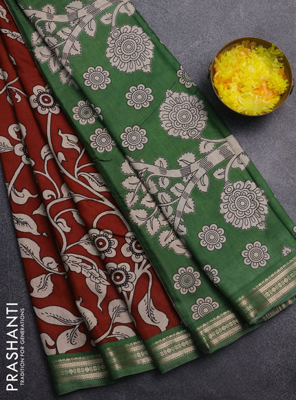 Muslin silk saree rustic maroon and green with allover kalamkari prints and zari woven border