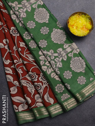 Muslin silk saree rustic maroon and green with allover kalamkari prints and zari woven border