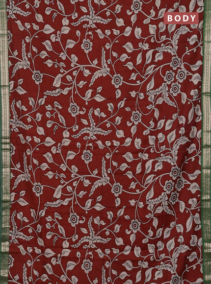 Muslin silk saree rustic maroon and green with allover kalamkari prints and zari woven border
