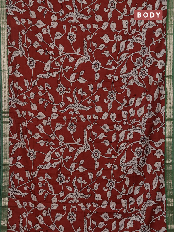 Muslin silk saree rustic maroon and green with allover kalamkari prints and zari woven border