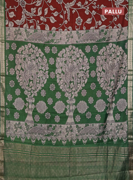 Muslin silk saree rustic maroon and green with allover kalamkari prints and zari woven border