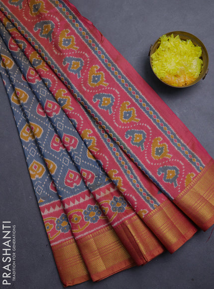Semi tussar saree grey and pink with allover ikat prints and zari woven border