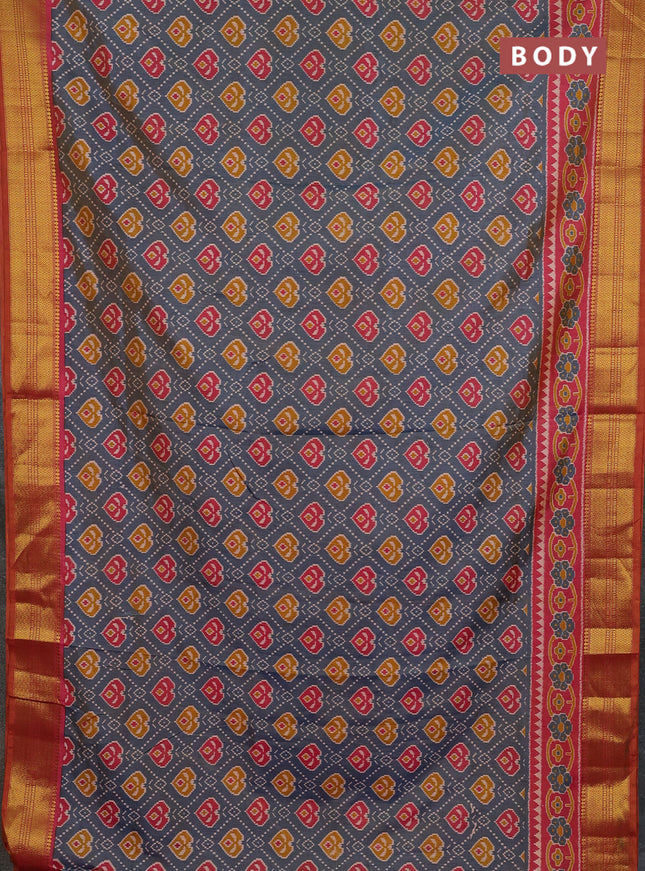 Semi tussar saree grey and pink with allover ikat prints and zari woven border