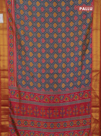 Semi tussar saree grey and pink with allover ikat prints and zari woven border