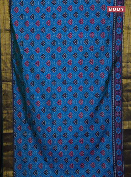 Semi tussar saree dual shade of bluish green and green with allover ikat prints and zari woven border