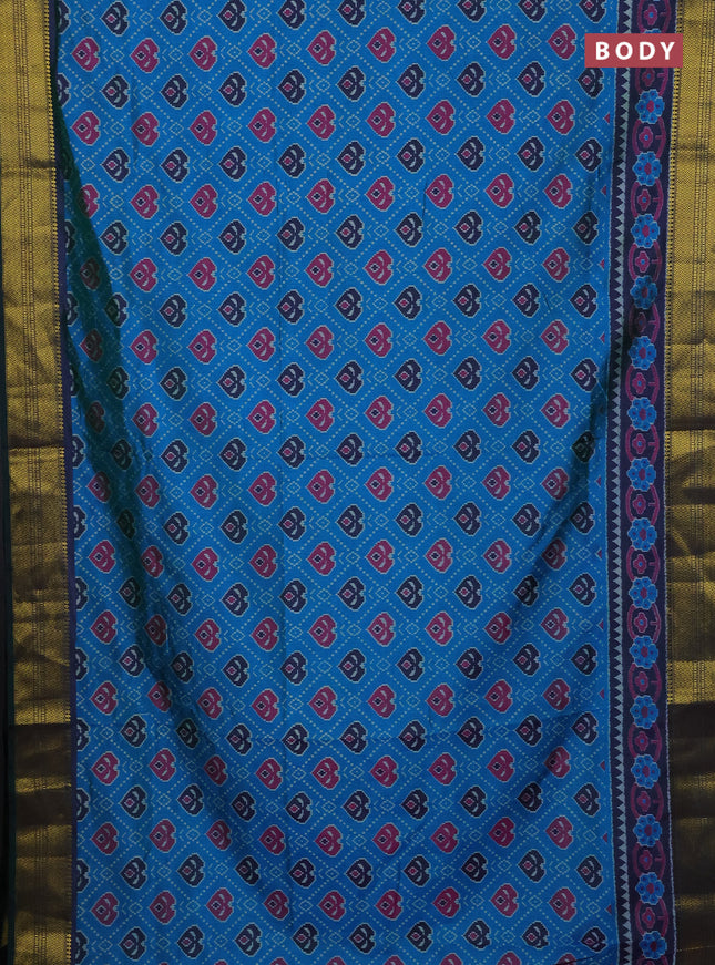 Semi tussar saree dual shade of bluish green and green with allover ikat prints and zari woven border