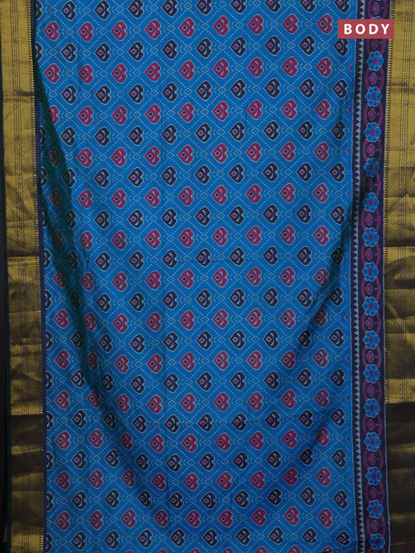 Semi tussar saree dual shade of bluish green and green with allover ikat prints and zari woven border
