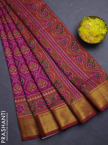 Semi tussar saree pinkish orange and orange with allover ikat prints and zari woven border
