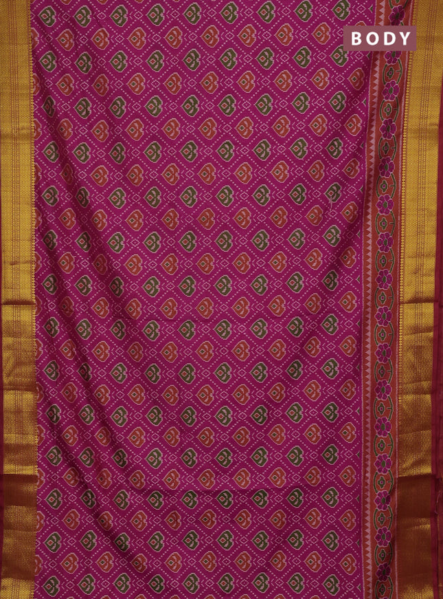 Semi tussar saree pinkish orange and orange with allover ikat prints and zari woven border