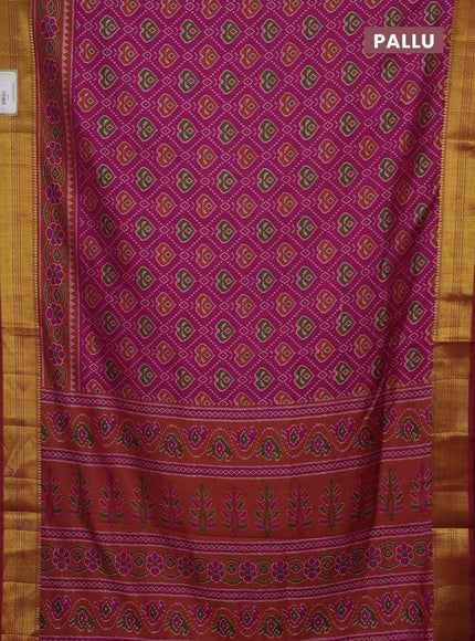 Semi tussar saree pinkish orange and orange with allover ikat prints and zari woven border